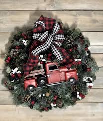 Black And White Buffalo Plaid Christmas Wreath Bestselling Red Truck Xmas Wreath Large Black And White Etsy In 2020 Black Christmas Decorations Christmas Wreaths Christmas Crafts Decorations