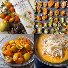 Nel frattempo, in tegame, mettete l'olio e l'aglio a soffirggere, imbiondito l'aglio toglietelo. Pasta Con Salsa Di Pomodorini Gialli Confit Olive E Timo La Luna Sul Cucchiaio