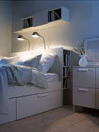13 Brilliant Ways To Store Things In A Small Room White Headboard Headboard Storage Brimnes Headboard