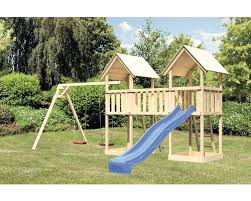 Spielturm Akubi Ritterburg Holz Mit Sandkasten Doppelschaukel Fallschutzmatten Rutsche Blau Hornbach Luxemburg