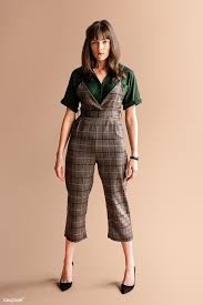 Download Premium Psd Of Model In A Plaid Jumpsuit Mockup 1235572 Plaid Jumpsuit Grey Long Sleeve Shirt Jumpsuit