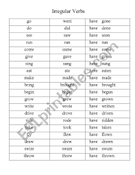 English Worksheets Irregular Verb Chart