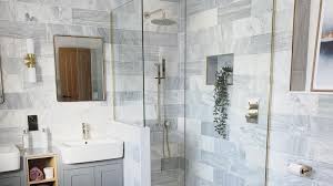 The starting point for this bathroom makeover was the beautiful locket natural stone mosaic tiles from jeffrey court. Diy Fans Save Thousands On Grey And Gold Bathroom Makeover Real Homes