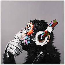Set of monkey heads with headphones. Amazon Com Modern Pop Art Decor Framed Thinking Monkey With Headphones Canvas Print Home Decor Wall Art Gallery Wrap Inner Frame 24x24 Posters Prints