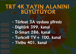 Trt 4k ultra hd tv yayını, hevc (h265) destekleyen, uydu alıcılı 4k ultra hd televizyonlarda, 12123 mhz frekans, yatay (horizontal) polarizasyon, 15.000 sembol oranı, fec:3/4 parametreleriyle izlenebiliyor. Trt 4k Trt 4k Yayin Alanini Buyutuyor Turksat 3a Uydusundan 12615 H 12500 Sifresiz Digiturk Kullanicilari 399 Kanaldan Donusumlu D Smart Ta 286 Kanal Ve Tivibu Da 401 Kanaldan Modul Ile Izleyenler Turkcell Tv Ta