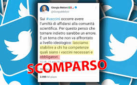 Qualche giorno fa il nuovo ministro, che prima era su posizioni scettiche sull'obbligo vaccinale, in una intervista spara bufale. Meloni E L Obbligo Vaccinale Da Societa Orwelliana Nel 2018 Scriveva Altro Ma Il Tweet E Stato Rimosso Open