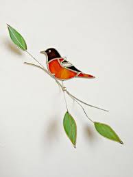 Birds On A Wire Stained Glass Pattern Baltimore Oriole Stained Glass Bird Suncatcher On Tinned Wire Branch With Green Leaves Glass Birds Stained Glass Stained Glass Patterns