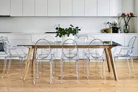 Canglong acrylic ghost chairs with crystal clear seat,modern dining chairs plastic shell accent side chairs for kitchen, dining, living, guest, bed room, set of 4, transparent 4.5 out of 5 stars 15 $229.00 $ 229. Casper Dining Chair Replica Philippe Starck Ghost Chair Clear Lounge Lovers