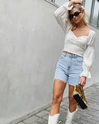 Glassons On Instagram The Shirred Bubble Sleeve Blouse Longline Denim Short And Western High Boot Shop Yours Online Denim Shorts Denim Sleeve Blouse