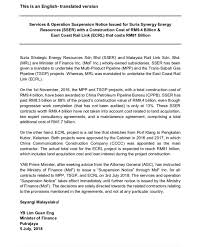 The finance ministry today revealed that 88 per cent of the project value of two pipeline projects under suria strategic energy resources sdn bhd (sser), had been paid, even though only 13 per cent of the work was completed. Sumisha Naidu On Twitter Just In China Backed Projects Suspended Malaysian Pm After Seeking Advice From The Attorney General Agc Has Instructed The Ministry Of Finance Mof To Issue A Suspension Notice Through