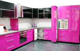 Beautiful Modern Open Kitchen Design With Pink Gloss Kitchen Backsplash As Well Granite Countertop Alon Pink Kitchen Cabinets Pink Kitchen Kitchen Decor Modern