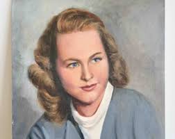 Beautiful Vintage Portrait Painting of Woman in Dark Blue by Frederick  Vogel