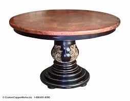 Due to lighting and monitor differences, actual colors and finishes may vary slightly from what appears online. Copper Top Round Dining Table Hand Carved Wood Pedestal Table Base 98