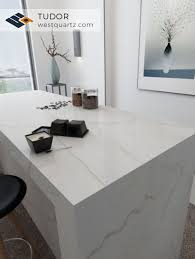 White Quartz Table With Waterfall Edge Tudor By West Quartz White Quartz Countertop White Countertops Quartz Kitchen Countertops