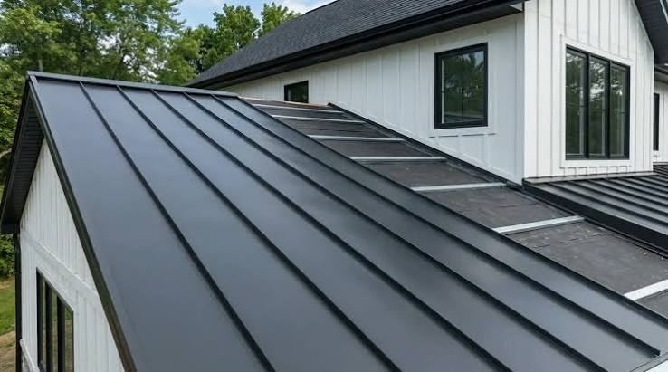Close-up of a snap-lock standing seam metal roof panel showing the raised vertical seam