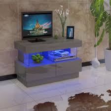 Talin wide media unit, blue stain mango wood & brass. Malaga Grey High Gloss Tv Stand
