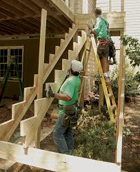 • stairs with four or more risers shall have a handrail on one side at a height between 34 to 38 inches above the nosing of the step. Framing The Stairs For An Elevated Deck Fine Homebuilding