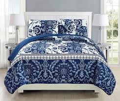 Amazon Com Mk Collection 3pc Bedspread Coverlet Quilted Floral White Navy Blue Over Size New 186 King California King Home Kitchen