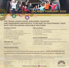 Jl kabupaten km1 nogotirto sleman yogya. Lowongan Kerja The Trans Luxury Hotel Bandung 2021