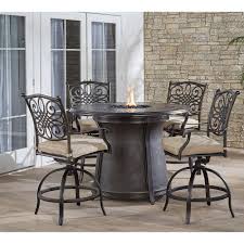Bali outdoors fire pit propane gas firepit table rectangular tabletop 42in 60,000btu. Hanover Traditions 5 Piece Aluminum Bar Height Round Outdoor Fire Pit Dining Set With Tan Cushions Trad5pcfprd Br The Home Depot