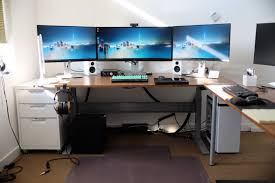 Ikea Gaming Computer Desk Setup With Drawer Also Triple Monitors And White Pc Case Battle Station Home Office Setup Computer Desk Setup Gaming Computer Desk