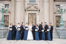 Sheer lace and tulle ball gown wedding dress. Formal Black And Blue Wedding Party