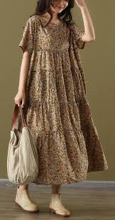 Bohemian O Neck Patchwork Cotton Outfits Yellow Print Robes Dresses Summer Cotton Outfit Summer Linen Dresses Fancy Dresses