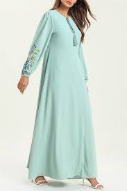Womens Fashion Round Neck Long Sleeve Embroidery Floral Print Bow Tied Tassel Light Green Swing Maxi Dress Beautifulhalo Com