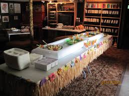 Food Table With Blow Up Buffets And Grass Skirt Table Skirt Food Table Hawaiian Party