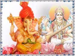 Lord Ganesha with Goddess Saraswati. Ganesha with Saraswati: Saraswati is  an auspicious presence that elevates the mind and promotes right knowledge.  When with Ganesha, she assures right perspective and accomplishment of the