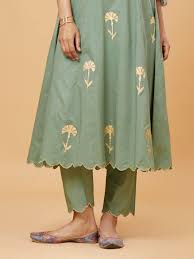Buy Green Scalloped Edge Cotton Pants Online At Theloom Womens Pants Design Kurta Designs Women Pakistani Fashion Casual