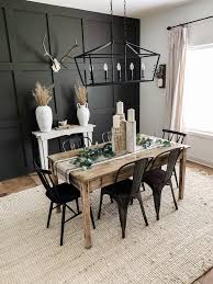 Dining Room Decor Black Accent Wall Board And Batten Vintage Dining Table Black Chairs J In 2020 Dining Room Accent Wall Black Dining Room Dining Table Black