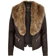 River Island Dark Brown Croc Leather Look Fitted Jacket 130 Liked On Polyvore Feat Coats Jackets Women Fur Collar Leather Jacket Brown Faux Leather Jacket