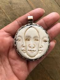 Bone Carved Moon Face Pendant, Handcrafted, Nepalese, Tibetan Repousse  Silver, 56X47 Mm
