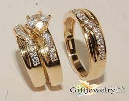 14k Yellow Gold Bridal Wedding His Her Diamond Engagement Rings Trio Sets Anillos De Pareja Anillos Para Novios Anillos De Casados