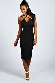 35 Black Bodycon Dress Boohoo Clara Strappy Detail Bodycon Midi Dress Midi Dress Bodycon Chic Dress Fashion
