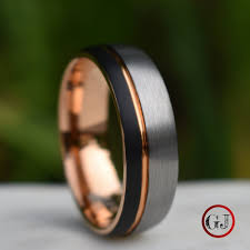 Black And Silver Wedding Rings For Men Domed Tungsten Ring Black And Silver Brushed With Rose Gold Accent Mens Ring Mens Wedding Band R Next Gol In 2020 Rings Mens Wedding Bands Black Rings Rings For Men
