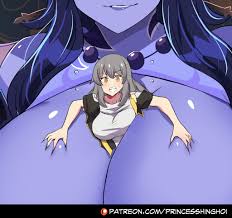 hinghoi, phantylia (honkai: star rail), stelle (honkai: star rail),  trailblazer (honkai: star rail), honkai: star rail, honkai (series),  highres, 2girls, artist name, between breasts, black coat, breasts, coat,  colored skin, flying sweatdrops,