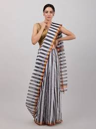 Black And White Striped Saree Blouse Buy Black White Handwoven Chanderi Striped Saree Online At Theloom Saree Black And White Saree White Sari