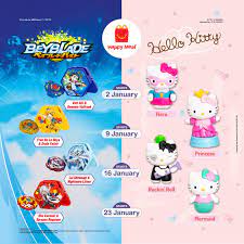 It's set to release 6 designs every week. Mcdonalds Happy Meal Beyblade Hello Kitty