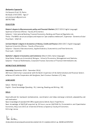 Master's student highlighting professional experience and academic research. Cv English Antonio Lazzaris