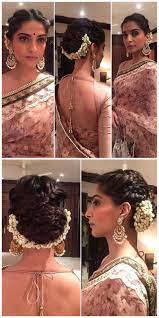 Sonam Kapoor S Hairstyle Is On Fleek For A Wedding Love The Braided Updo Complete With Gajra Makeu Hairdo Wedding Indian Wedding Hairstyles Indian Hairstyles