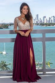 Wine Maxi Dress With Silver Jewels And 3 4 Sleeves Wine Maxi Dress Top Maxi Dresses Maxi Dress