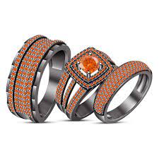 Engagement Ring Wedding Band Trio Set Orange Sapphire Black Gold Fn 925 Silver Orange Sapphire Engagement Rings Band Engagement Ring