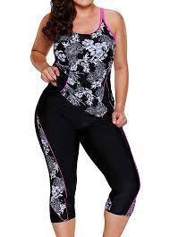 Black Racerback Printed Top And Swimwear Cropped Pants Plus Size Tankini Plus Size Swimwear Plus Size Swimsuits