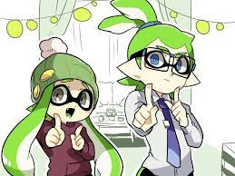 1boy 1girl Beanie Blue Eyes Commentary Request Domino Mask Fangs Female Inkling Glasses Green Hair Grey Eyes Hat Inkl Splatoon Splatoon Drawings Splatoon Memes
