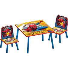 Beautiful set table spiderman with 2 chairs wooden, bright blue and red, size of the table 60 cm in diameter and 44 cm in height, size of 52 cm x 27 cm x 27 cm chairs, this product is suitable for children 3 + years. Spiderman Table And Chair Set Chair Set Table And Chair Sets Set Decor