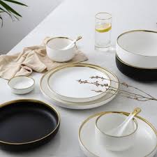Black And White Plates Set White And Black Round Gold Stroke Ceramic Dinner Plate Set Esellect In 2020 Ceramic Tableware Ceramic Dinnerware Set Dinner Plate Sets