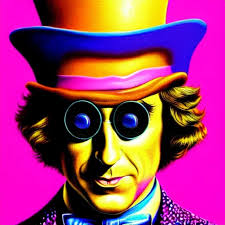 an extremely psychedelic portrait of willy wonka,