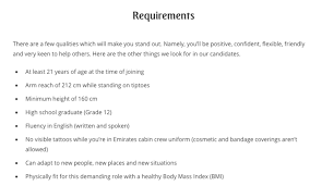 The height requirement for cabin crew is the same for both genders. Emirates Airlines Cabin Crew Requirements In 2021